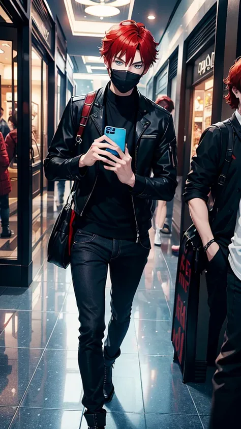 A blue-eyed man with a handsome face and red hair parted in the middle was taking a photo at the mall while wearing a black mask and dark clothes.