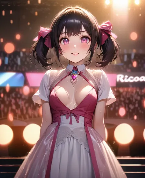 One Girl、Looking at the audience、lovely,
Beautiful pink eyes、short twin tail hair , Mole under the eye、Plump and glossy lips、Heart-shaped choca、Idol、Her name is Rico,smile、ー、。.。.。.。.。.。.。.。.。.。.。.。.。.。.。.。.。.。.3D、Realistic、
The idols costume was soaked in ...