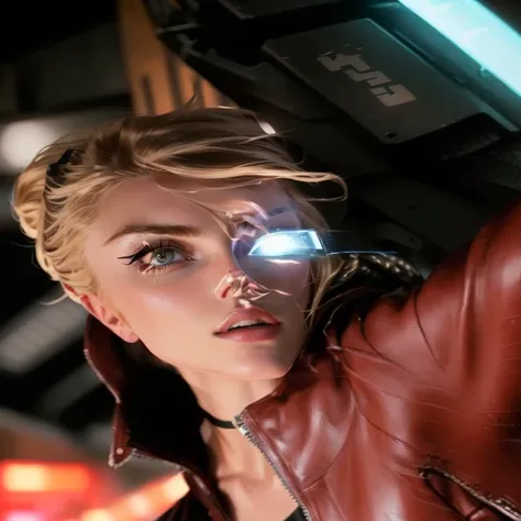 arafed woman in a leather jacket leaning against a wall, amber heard as captain america, attractive sci - fi face, in a scifi movie, imogen poots as holy paladin, scifi woman, maika monroe batgirl, as a retrofuturistic heroine, imogen poots paladin, beauty...