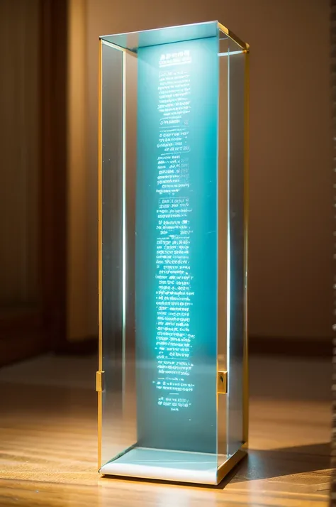 Sculpture,An unrolled ancient Chinese rice paper scroll, standing up and placed, glass material, on which Chinese characters are written in gold, transparent, light blue, white, light gold, c4d, oc renderer, dreamy, combination of ancient and futuristic, t...