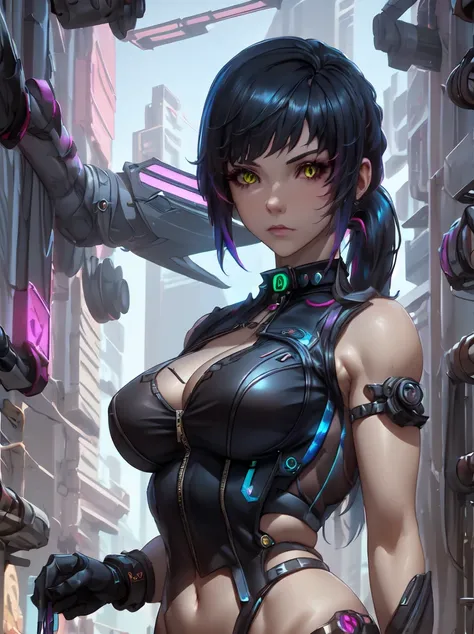 (masterpiece, best quality, aesthetic:1.4,) 1girl, Cyberpunk, futuristic, Yelan, BREAK, symmetrical face, highly detailed face, black hair, long hair, ponytail, holographic interface, BREAK, crimson eyes, highly detailed eyes, BREAK, large breasts, tight c...