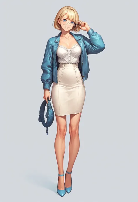 beautiful woman, solo, full body, standing, medium bob cut blonde hair, light blue eyes, two points glasses, medium breasts, blue opened jacket, white blouse, white long pleats skirt, blue high heels, soft smile, perfect hands with 5 fingers, black backgro...