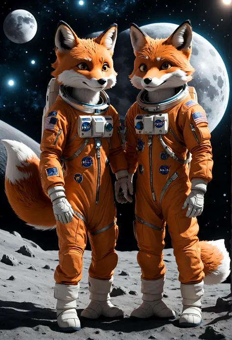 two humanoid foxes, Astronaut outfit, full body, galaxy moon style, light and shadow, stand facing each other