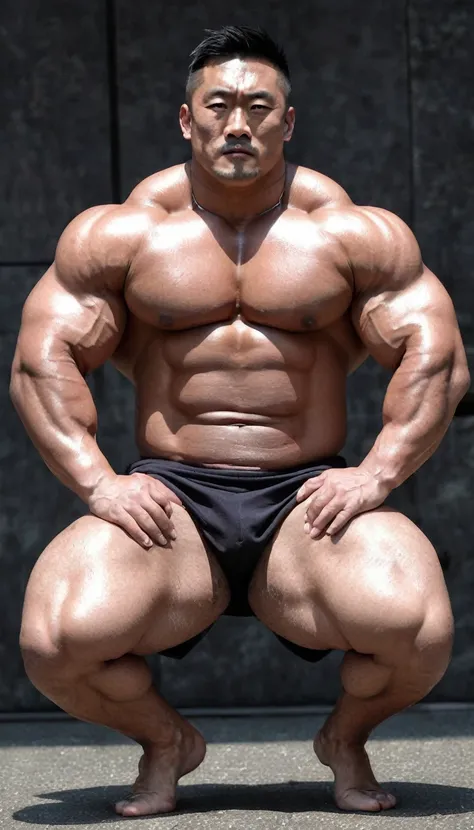 Very Big Bodybuilder muscle man,Japanese man,Developed muscles、Sit on the ground、Very musclefat,32yo,Oversized Big body,no body hair,naked,Very bulky Big underboobs, Skin with visible veins, medium length hair,A cinematic scene unfolds in 8k resolution, on...