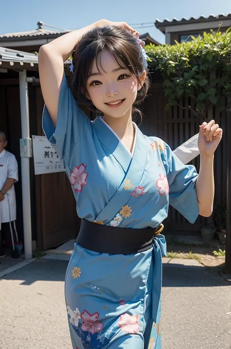 A smiling girl in a kimono greets people with a cheerful "Good morning" as she dances with her arms outstretched under the blue sky