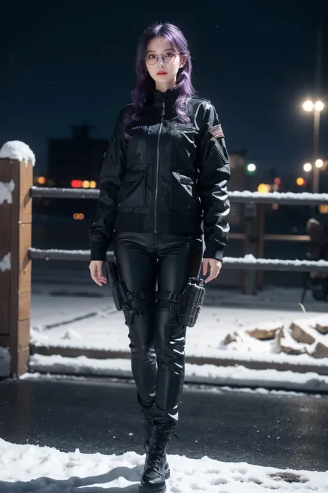 1 girl, beautiful purple hair, blue eyes detailed, wearing glasses, military, wearing military tactical gear, black military tactical jacket, black military pants, plack military boots, winter, night, city, snow, realistic, ultra-detailed, HDR, 4k, full bo...