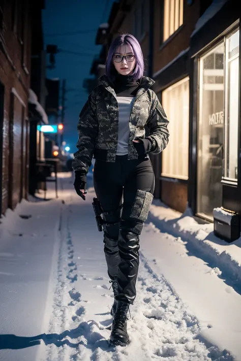 1 girl, beautiful purple hair, blue eyes detailed, wearing glasses, military, wearing military tactical gear, black military tactical jacket, black military pants, plack military boots, winter, night, city, snow, realistic, ultra-detailed, HDR, 4k, full bo...