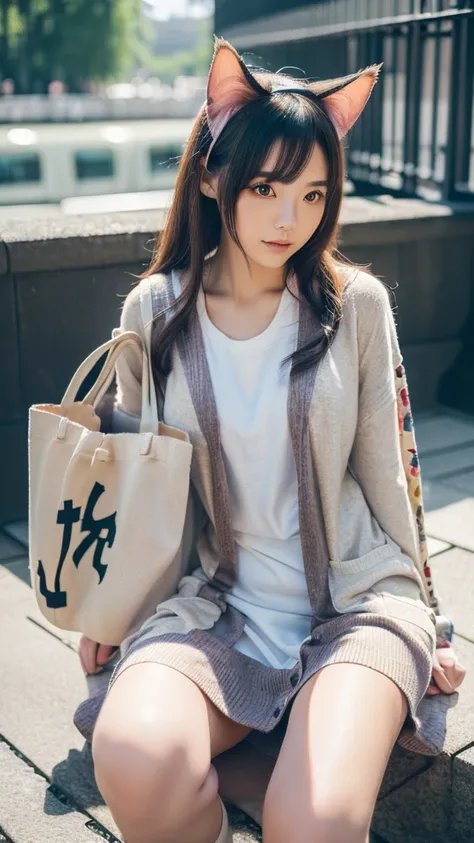 Masterpiece, 4k, Bokeh, beautiful face, (Japanese idle:1.6), (Long cardigan with a t-shirt dress and flats, Casual weekend background,  Canvas tote bag:1.4), (Cat ears:1.3), Sitting on From below, (London:1.5)