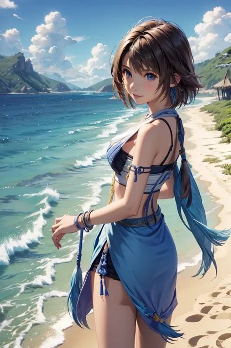 Final Fantasy X Yuna, she is at the beach looking at the view in front of her with a small smile