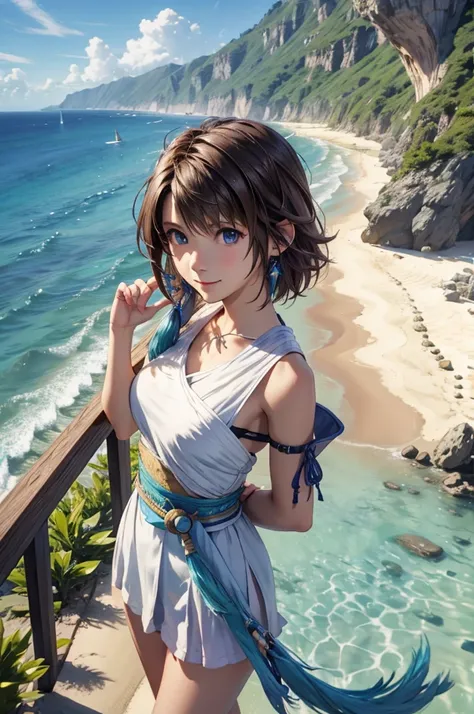 Final Fantasy X Yuna, she is at the beach looking at the view in front of her with a small smile