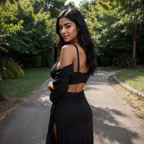 23-year-old hyper-realistic digital influencer alone with a radiant smile, brown skin, and captivating . She rocks vibrant dark black hair, complemented by makeup that perfectly matches the color palette. Adorned in a maxi, she exudes confidence in a high-...