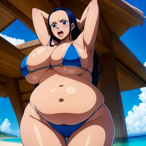 Robin de One Piece, sexy pose, blue bikini, 8k, Anime, plage, gros boob, gros cul, look sexy, blue eyes, ((big belly, massive belly, chubby, giant belly)), shocked, open mouth, (hands behind head:1.4), (solo:1.5)