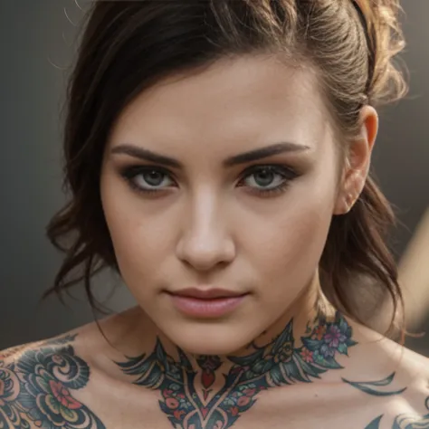 Close-up of a woman with tattoos on her body, what kind of bone. ultra realistic, beautiful works of art, beautiful digital images, Rossdros Pastel Bright, stunning artwork, amazing art style, bright colors, hyperrealism, realistic digital art 4k, realisti...