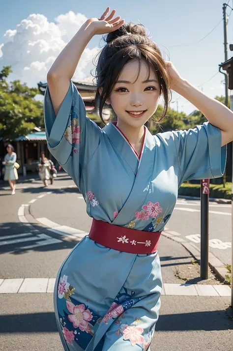 A beautiful smiling woman in a kimono greets people with a cheerful "Good morning" as she dances with her arms open under the blue sky