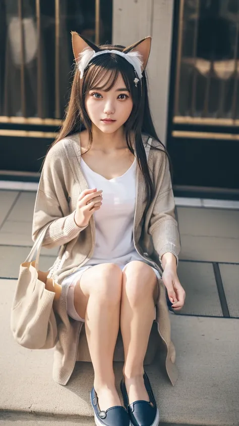 Masterpiece, 4k, Bokeh, beautiful face, (Japanese idle:1.6), (Long cardigan with a t-shirt dress and flats, Casual weekend background,  Canvas tote bag:1.4), (Cat ears:1.3), Sitting on From below, (London:1.5)