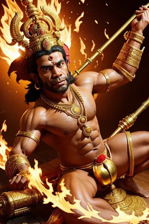 Create a image of lord Hanuman ji he flying with his mace in Lanka who made up of gold and Lanka is burning, creat a High quality image 