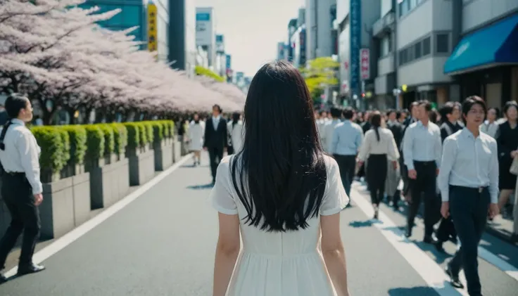 from back, wide shot, a girl wearing black hair and white dress walking Tokyo city road, buildings, crowd of people, blue sky, bloom, glowing,