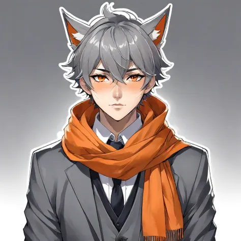 anime boy， short gray hair,wolf ears， (((scars on the face, pins, )))gray suit，orange scarf