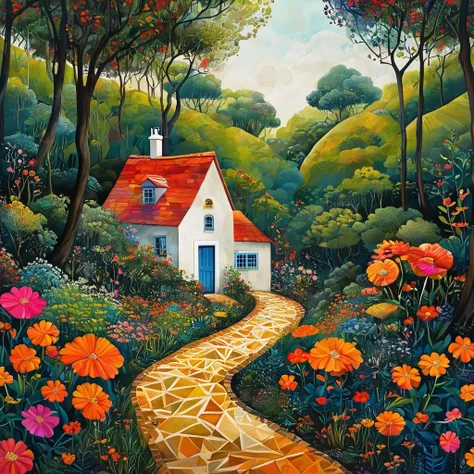 (Obra de arte, melhor qualidade:1.2),Geometric Graphic Art，There is a path that leads to a house in the painting, Aldeia na floresta, Uma pequena aldeia, Uma linda casa em um caminho na floresta, Uma vila antiga, e uma casinha na floresta