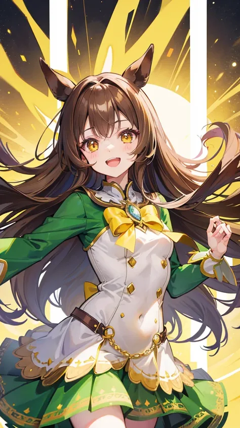 tiny girl,Colossal ,Smile with open mouth,horse ears,brown hair,long hair,green magical girl costume,yellow eyes,Top image quality,Best Quality