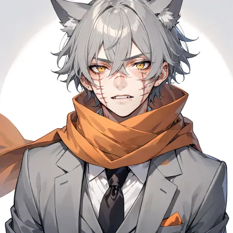 anime boy， short gray hair,wolf ears， (((scars on the face, pins, )))gray suit，orange scarf