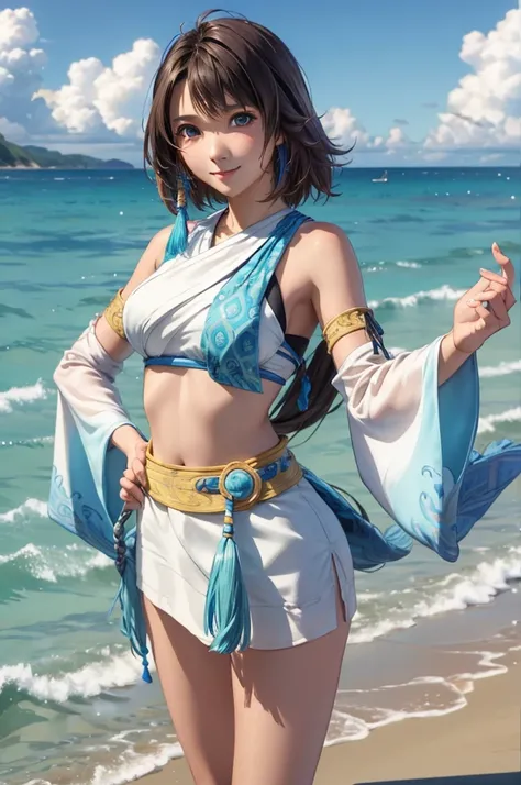 Yuna from Final Fantasy X, she is standing and looking softly at the camera with a smile, she is at the beach
