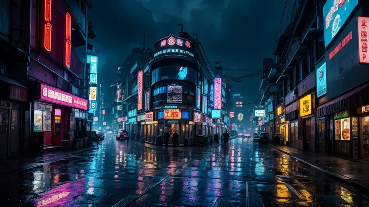 wonderful huge cyberpunk city, view from the small street at night under rain 