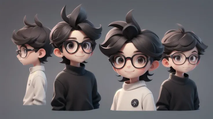 Boy chibi with black and white pullover, dark brown eyes, black glasses, Happy, texture crop style hair. Clear Background