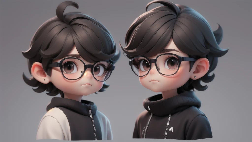 Boy chibi with black and white pullover, dark brown eyes, black glasses, Short texture crop style hair. Clear Background