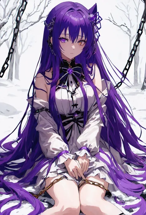 anime girl with purple hair sitting in the snow with chains, gothic maiden anime girl, anime style like fate/stay night, anime girl with long hair, demon anime girl, purple eyes and white dress, (anime girl), anime moe artstyle, high quality anime artstyle...