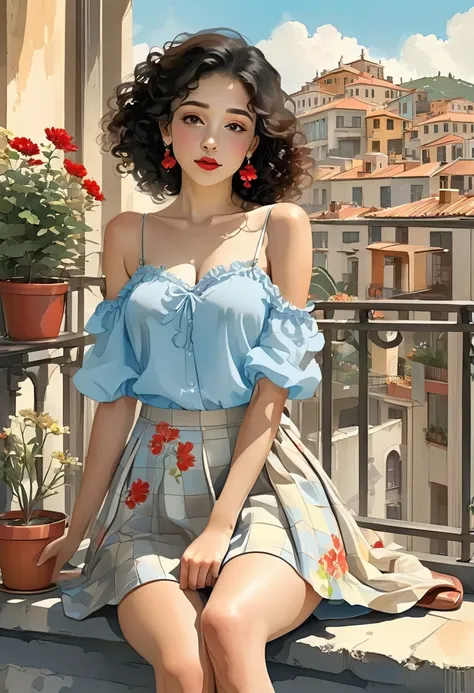 The watercolor style, anime, you requested, with the woman latina, as the focal point of the scene. She is sitting with her back to us on a concrete balcony, with her arms resting on her knees and her black, curly hair falling over her shoulders. She wears...