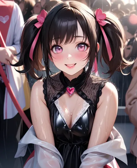 One Girl、Looking at the audience、lovely,
Beautiful pink eyes、short twin tail hair , Mole under the eye、Plump and glossy lips、Heart-shaped choca、Idol、Her name is Rico,smile、ー、。.。.。.。.。.。.。.。.。.。.。.。.。.。.。.。.。.。.3D、Realistic、
The idols costume was soaked in ...