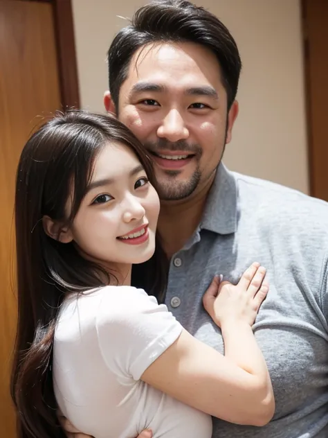 A Chinese man and a young Korean woman, age difference, age difference, giant size, ((40 year old man, kkissg có râu, muscular body, smiling face, body full of hair, hug standing, touch the girl&#39;s chest)), ((18 year old sexy young girl, small size and ...