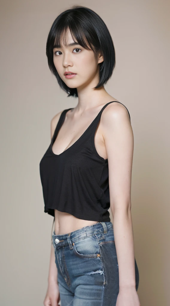 (short black hair:1.2), (20-year-old girl), (exaggerated), (masterpiece), (8KUHD), looking at the camera, slender waist, wearing jeans, unprinted T-shirt)) , full, large breasts