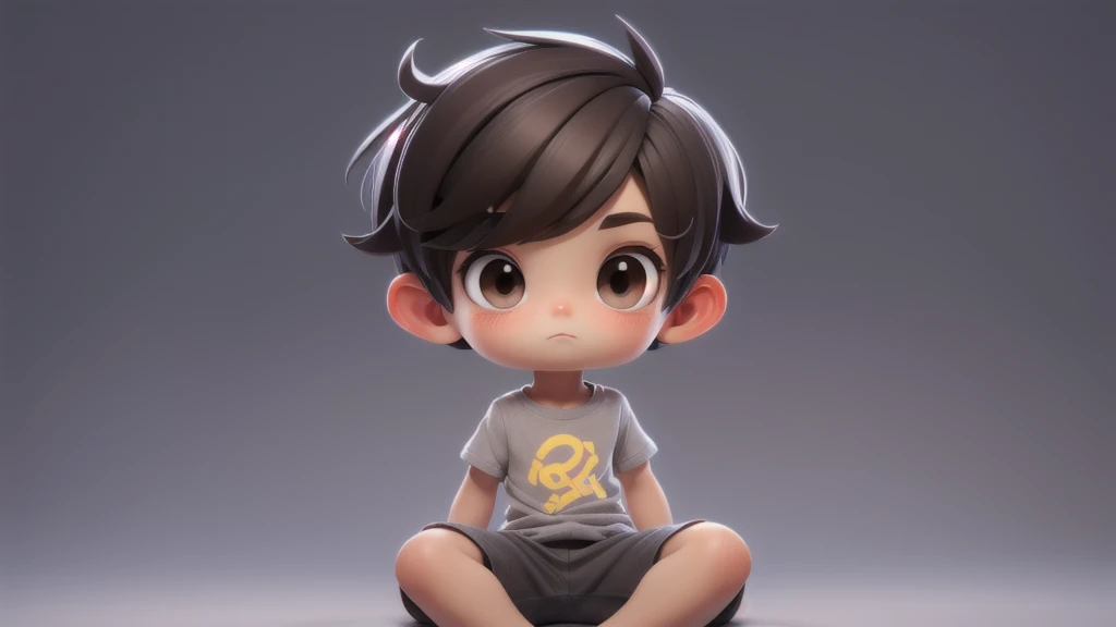 Boy chibi with gray t-shirt, dark brown eyes, short hair. Clear Background