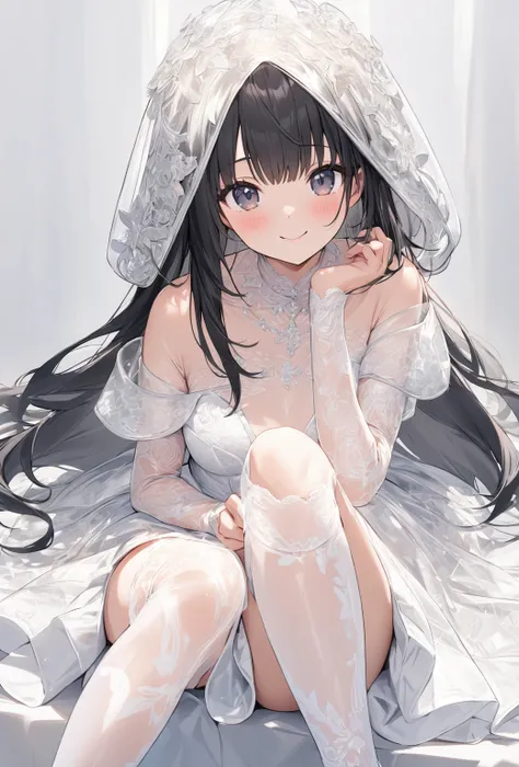 ((Highest quality)), ((masterpiece)), ((Very detailed)), (Very cute),A cool-looking woman with gentle black hair and a height of about 165cm.，A woman with a cute smile wearing a transparent wedding dress with a cute pattern and a hood that shows off her sh...