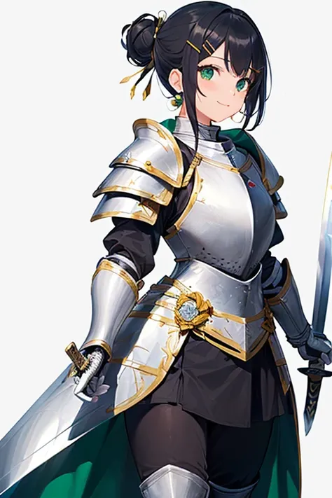 ((Masterpiece: 1.3)), ((Highest quality: 1.2)), ((Very detailed: 1.4)), One Girl, ((Black Hair: 1.1)), ((Updo: 1.1)), Hair Bun, ((White plate armor: 1.7)), Armor  in the shape of a flower petal motif, (((Woman warrior))), Green Eyes, Smile, ((Simple Backgr...