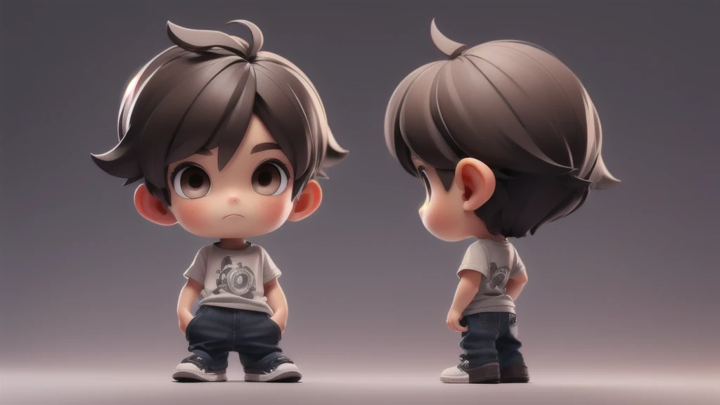 Boy chibi with gray t-shirt, dark brown eyes, short hair. Clear Background