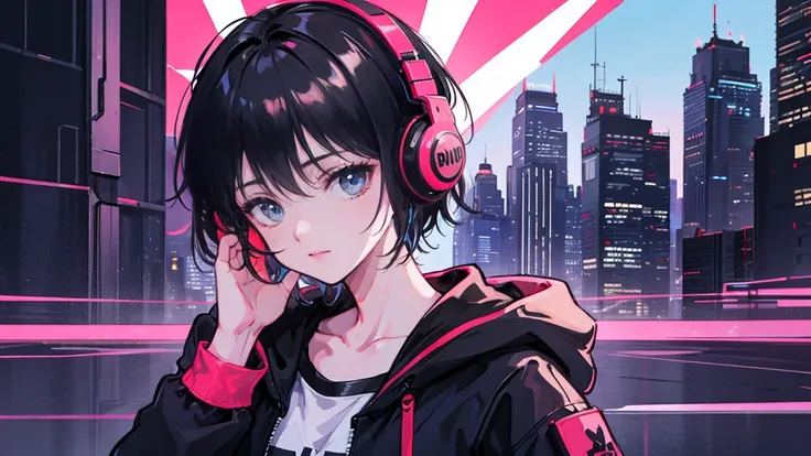 black short hair, night, black jacket, one woman headphone, cyber punk city, delicate background、masterpiece