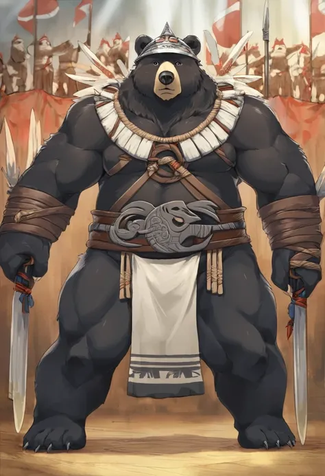 Black Bear，personification，strong，uncle，Original costume，Helmet cloth，warrior，Standing guard，Standing in front of the audience，Looking at the audience，Primitive tribal background（1.2）。