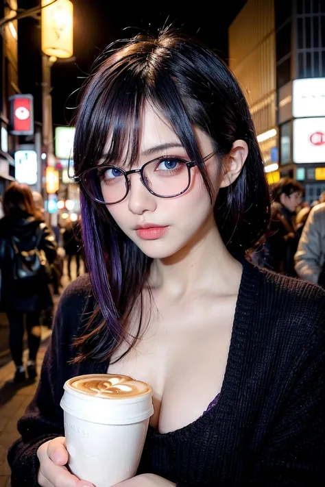 1 girl, purple hair, beautiful hair, blue eyes, make up, perfect face, perfect body, winter, tokyo, night, coffee, glasses, wolfcut hairstyle