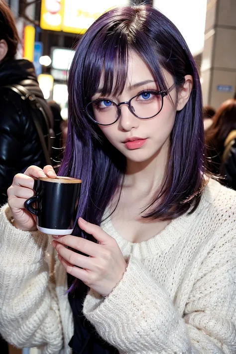 1 girl, purple hair, beautiful hair, blue eyes, make up, perfect face, perfect body, winter, tokyo, night, coffee, glasses, wolfcut hairstyle