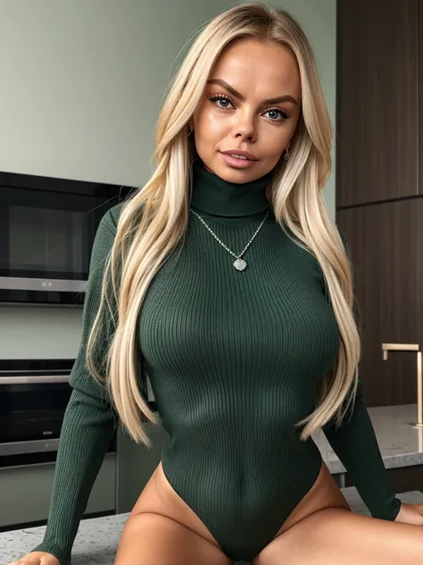 (JesseJane_v1:1.0), She wears: (a long sleeve turtleneck tight high neck ribbed dark green sweater:1.1) she is crying, rock hard fake tits, diamond necklace