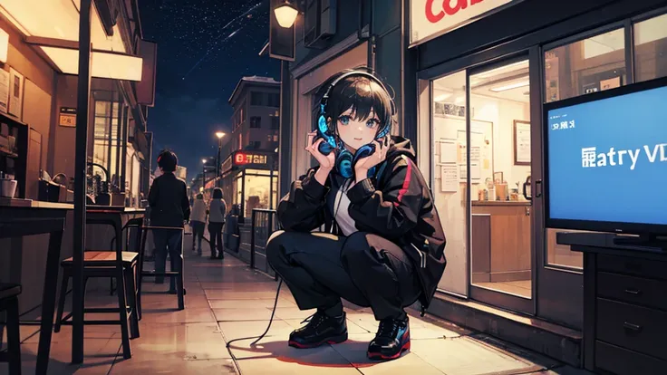 black short hair, black jacket, one woman ,blue headphones、 city of night, delicate background、masterpiece、squat、