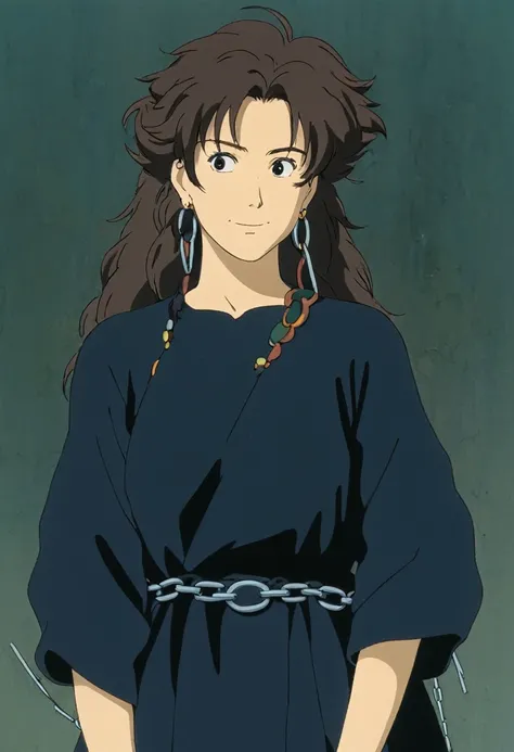 A Ghiblis studio character. With messy hair and dark large clothes. she wear very noticeable earrings. She is chained 