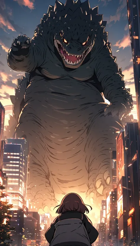 Godzilla, a monster taller than a skyscraper, looks down at the city below，cute，cute，Warmth，Japanese manga artist Tsukasa Hojo&#39;style，depth of field，Overclocked renderer，movie lighting，Ultra-fine，super detailed，CG art