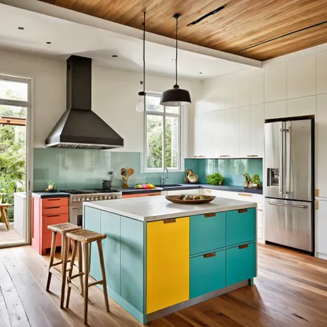 a modern kitchen, colorful cabinet doors, island table, stove, sink, natural light, wooden floor, plaster ceiling,