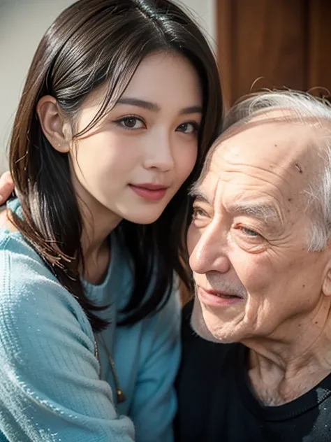 Một người đàn ông Trung Quốc và một phụ nữ trẻ Hàn Quốc đang kiss nhau, age difference, age difference, giant size, ((80 year old man, cao 1m80, bearded, Wrinkles on man&#39;s face, muscular body, smiling face, body full of hair, broad shoulders, eo hẹp, 8...