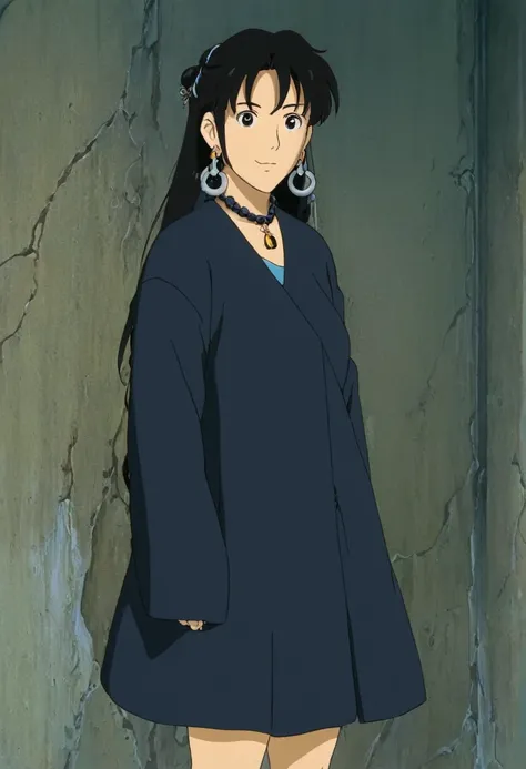 A Ghiblis studio character. With messy black hair and dark large clothes. she wear very noticeable earrings. She is chained 