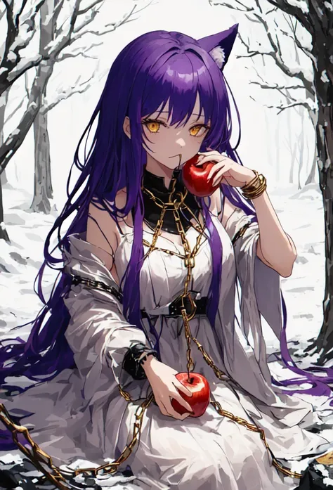 beautiful girl, purple hair, long hair, yellow eyes, (chained), apel, eat apple, winter, tattered clothes, white dress, golden chains